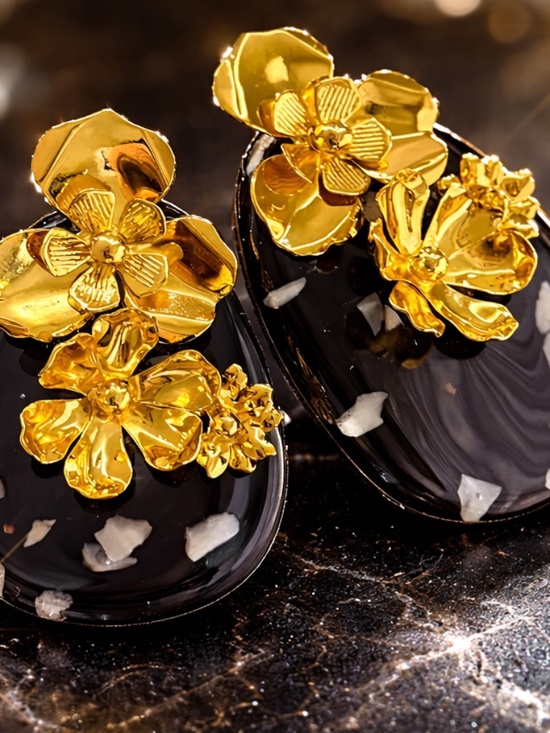 Anthropologie Jewelry - Black Resin Earrings with Gold Floral Accents